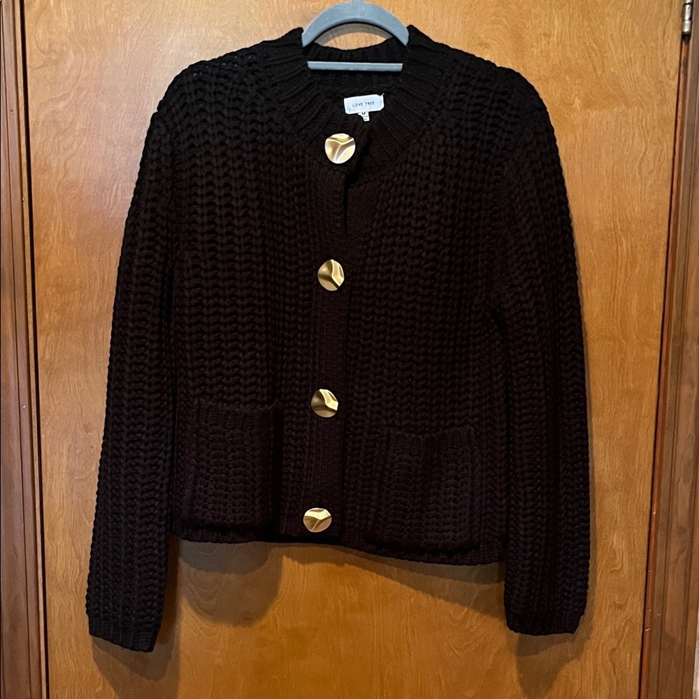 Love Tree Black Cardigan with Gold Accents
